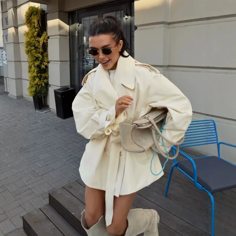 Tsiisd Women's Oversized Lapel Jacket Tie Waist Long Sleeve Autumn Relaxed Fit Casual Cotton Blend Coat Street Style Chic Trench
