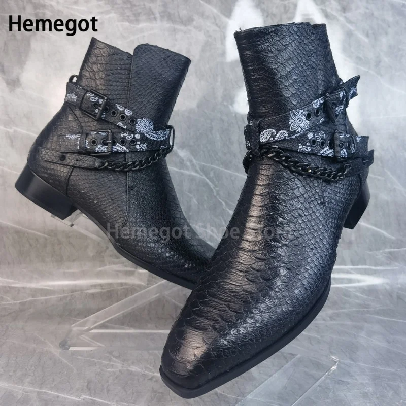 Men Black Square Toe Crocodile Pattern Boots Fashion Retro Chain Buckle Ankle Booties Stylish Winter Casual High-Top Men's Shoes