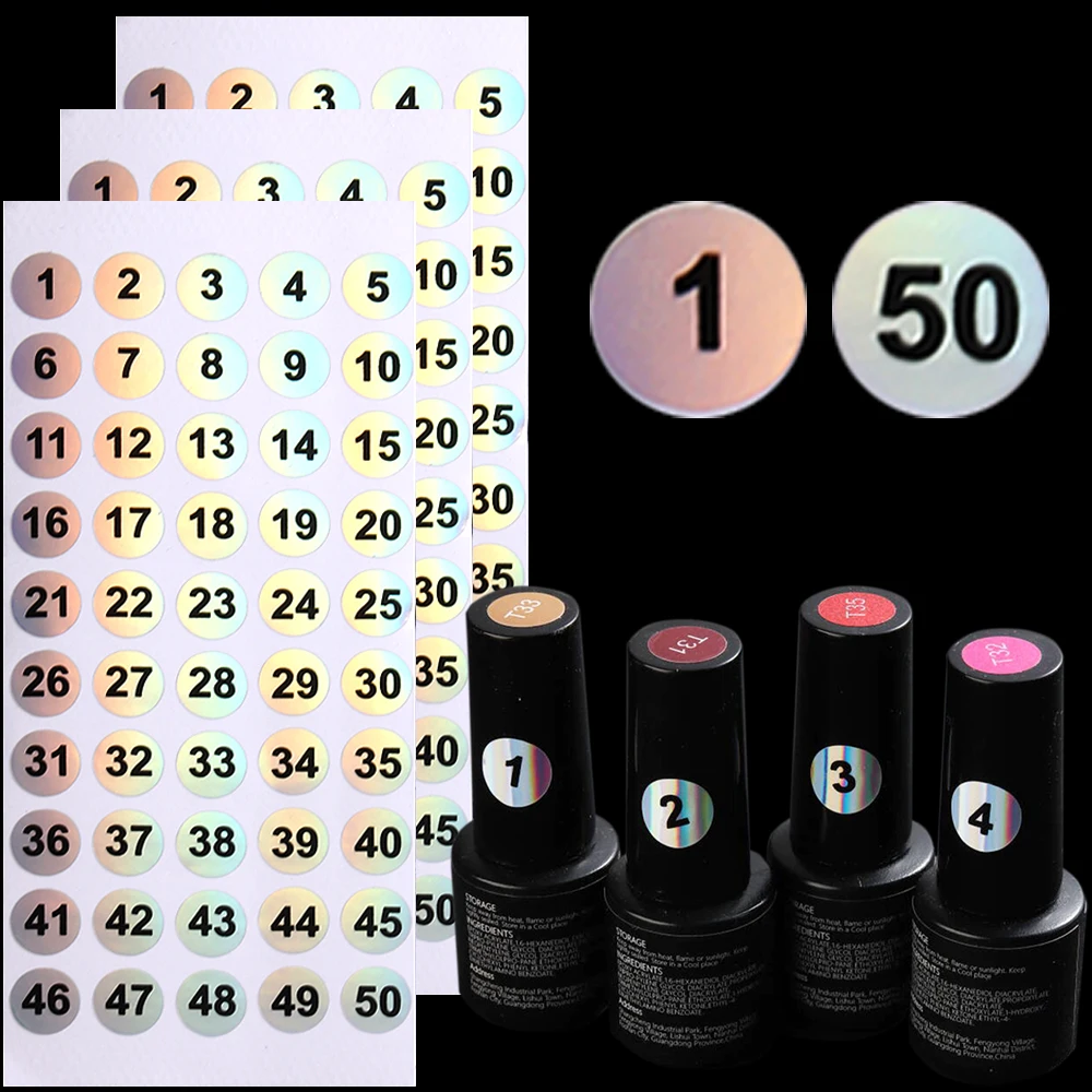 מדבקות מספרים (1-50) 10 דפים מדבקת לייזר עגולה לבקבוקי לצביעת ציפורניים תגי מספרים עצמיים בצבע מדבקות דוגמה