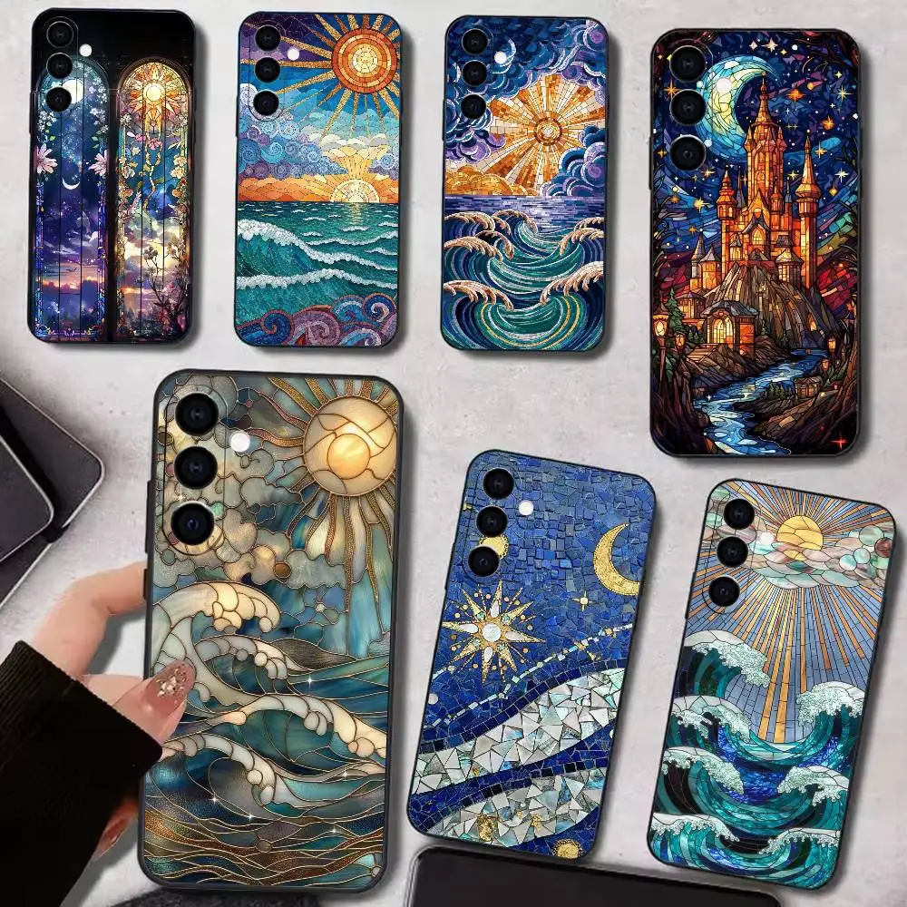 Aesthetic Glass Printed Sun Moon    Phone Case For Samsung Galaxy A73,A72,A71,A70,A53,A52,A51,Soft Silicone Black Cover