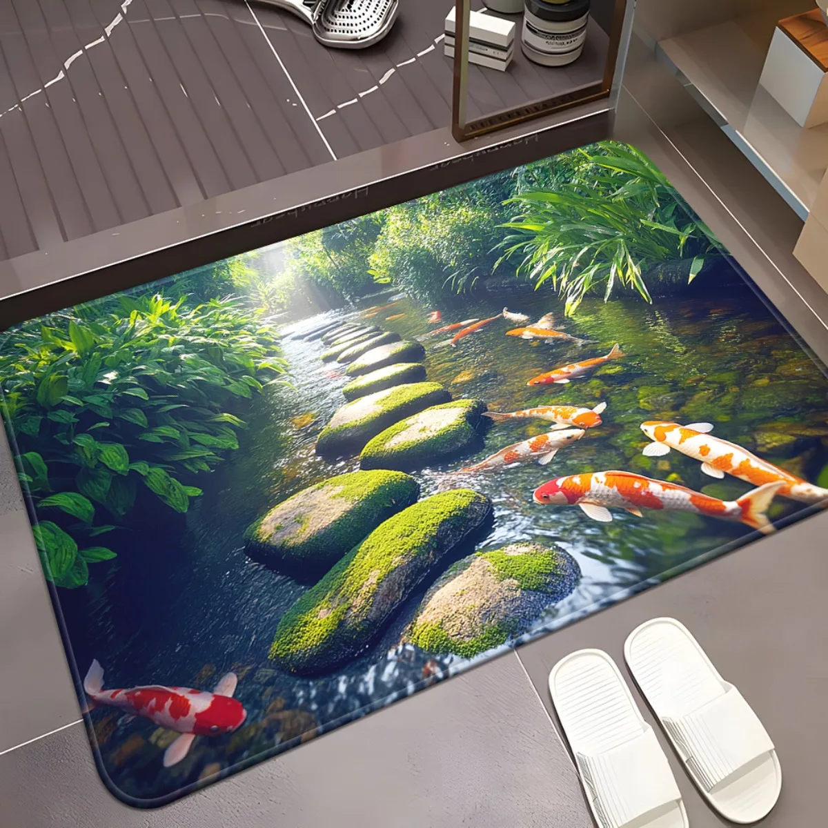 Aesthetic Koi Fish Pond River Scene Entrance Mat Durable Waterproof Welcome Floor Rug for Indoor Outdoor Home Decor