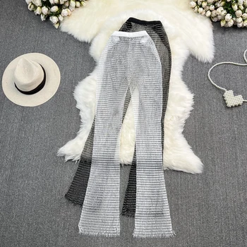 ประกายคริสตัลเพชร Fishnet กางเกงผู้หญิงสีดําเซ็กซี่ดูผ่านเอวสูงกางเกงหญิงหลวมสาวร้อนปาร์ตี้ Clubwear