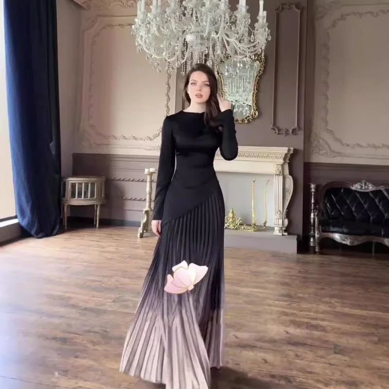 

Autumn New Socialite Style Tie-Dye Slim Gradient Pleated Long Dress for Women