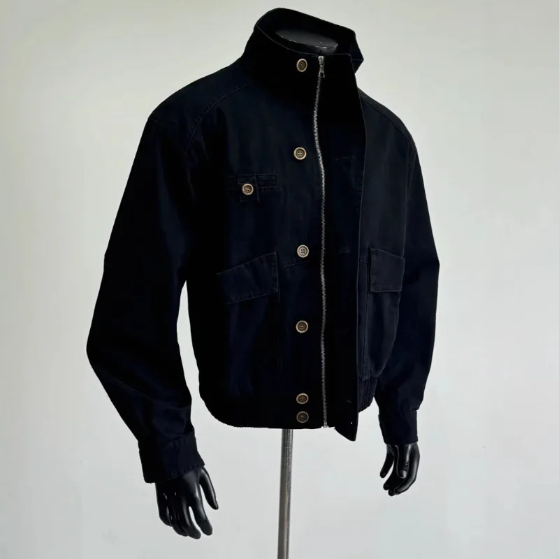 Mens Denim Jacket American Vintage Multi Pocket Detroit Stand Collar Coat Streetwear Clean Fit Retro Chic Fashion Harajuku New