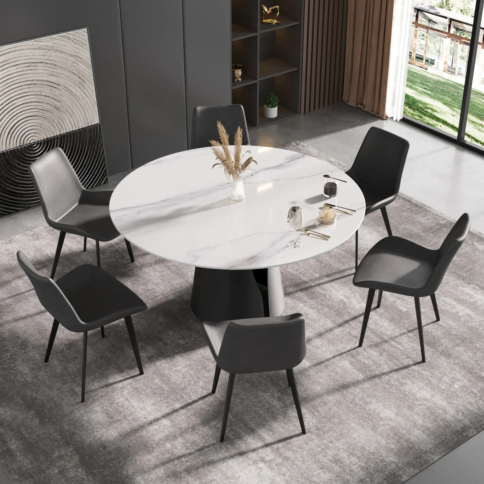 

Round Sintered Dining Table With Steel Based Family Dinner Table Set