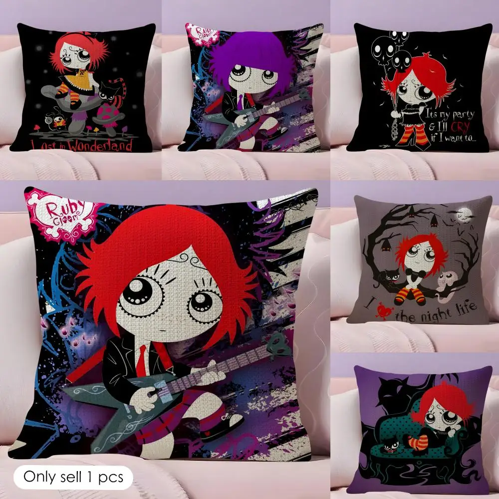 Cartoon R-Ruby Gloom Kissenbezug, natürlicher Leinen-Kissenbezug, doppelseitiger Druck, dekorativer Sofa-Kissenbezug, Heimdekoration, Geschenk