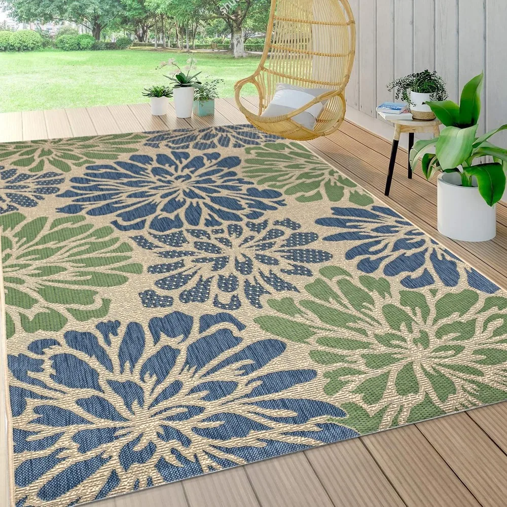 

Outdoor Area-Rug, Modern Floral Textured Weave Bohemian Coastal Easy-Cleaning, Non Shedding, Outdoor Rug