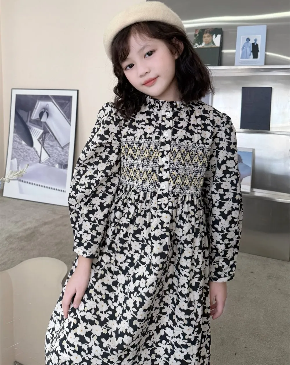 

baby clothes kids girls clothes girl dress French style Black cherry print pattern hand embroidery long-sleeved dress