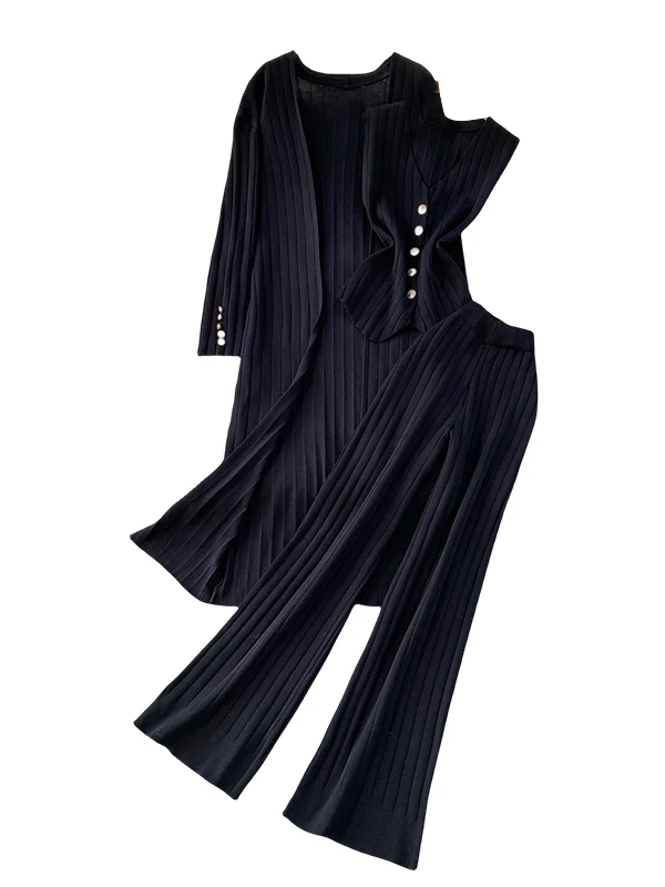 Faionable-cárdigan de punto holgado de gama alta para mujer, chaleco con cintura imperio, conjunto de camiseta, pantalones de pierna ancha, ropa informal de otoño