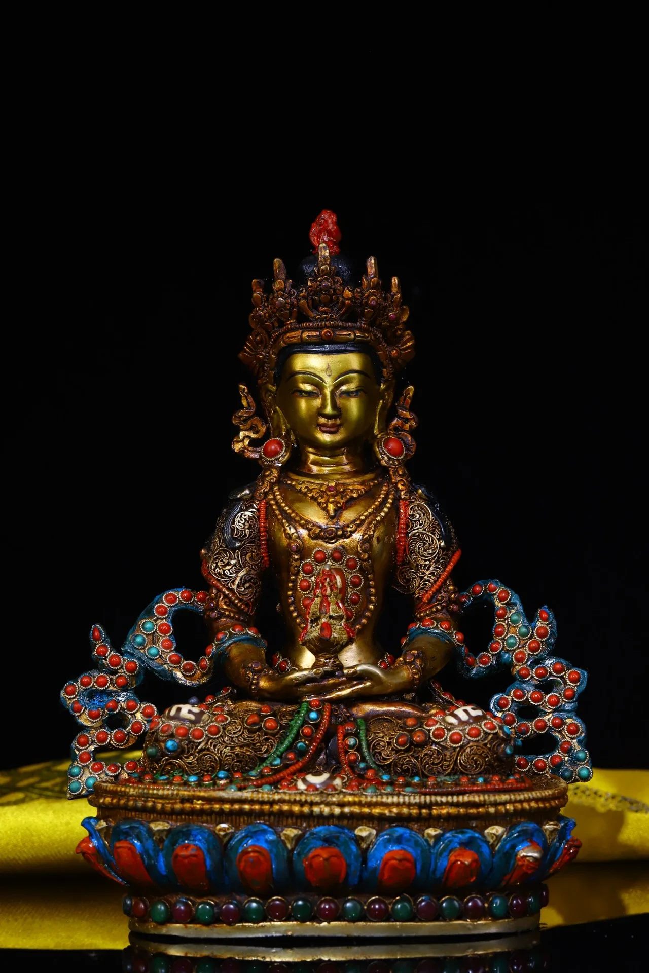 

9"Tibetan Temple Collection Old bronze outline in gold Gem Dzi Beads Longevity Buddha lotus platform worship buddha Town House