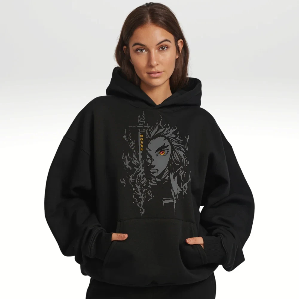 Felpa con cappuccio Demon Slayer Kimetsu No Yaiba in 100 cotone Nero Rengoku Kyojuro Stampa di personaggi con design di capelli a fiamma Pullover anime