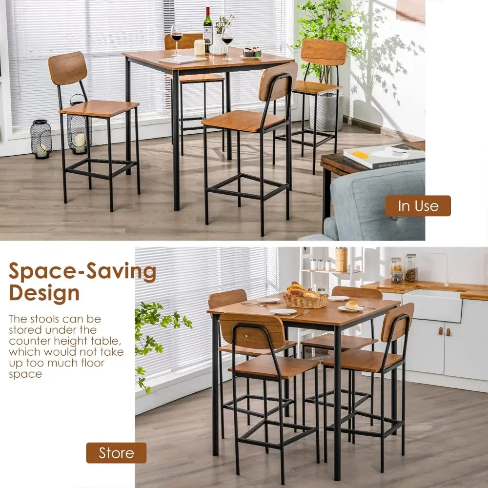 5-Piece Dining Table Set W/Counter Height Table & 4 Bar Stools, Industrial Kitchen Dining Table Set , Space-Saving Dinette Set