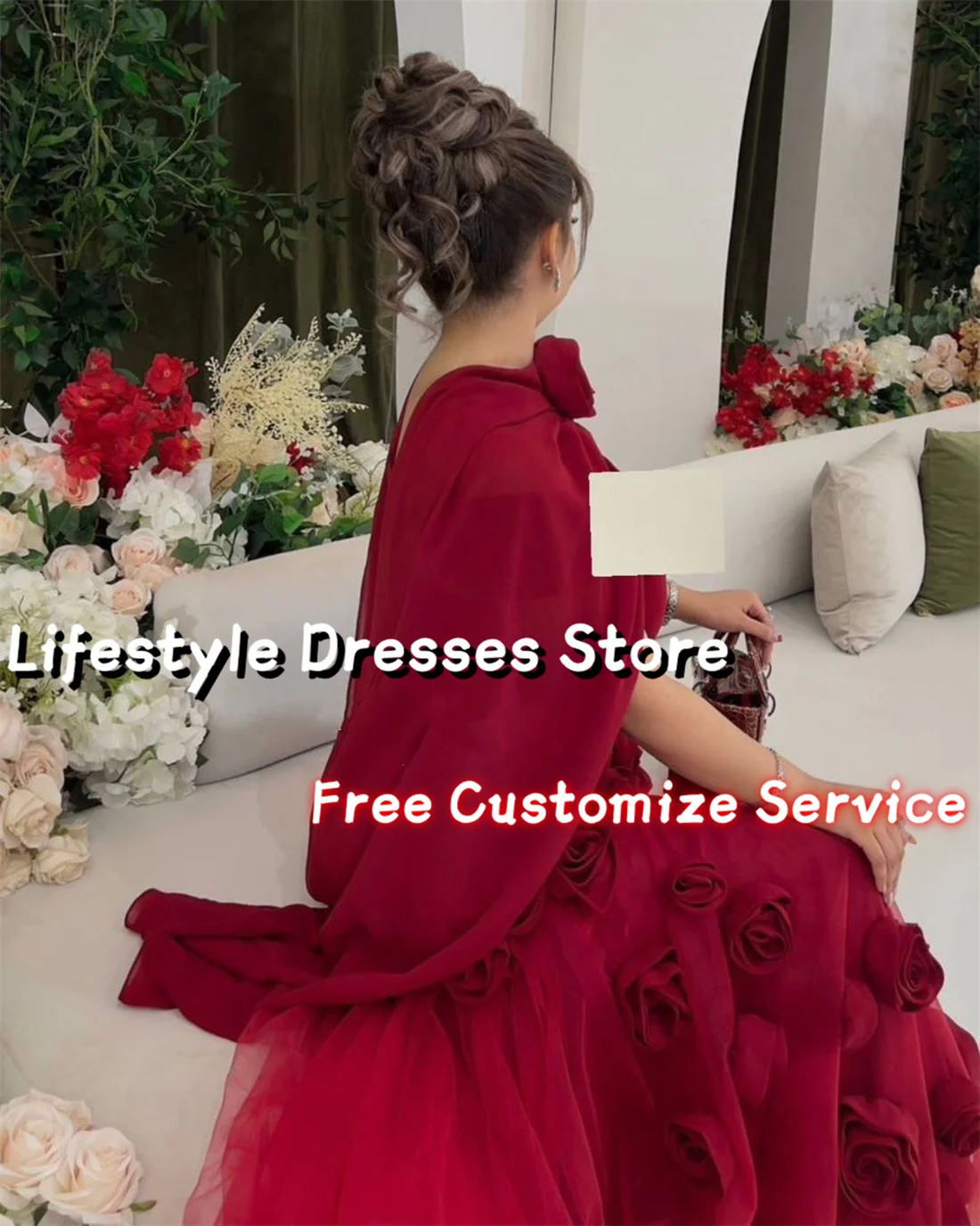 Customized Burgundy 3D Flowers Evening Dresses With Shawl Arabia Handmade Prom Dresses Wedding Formal Party Gown