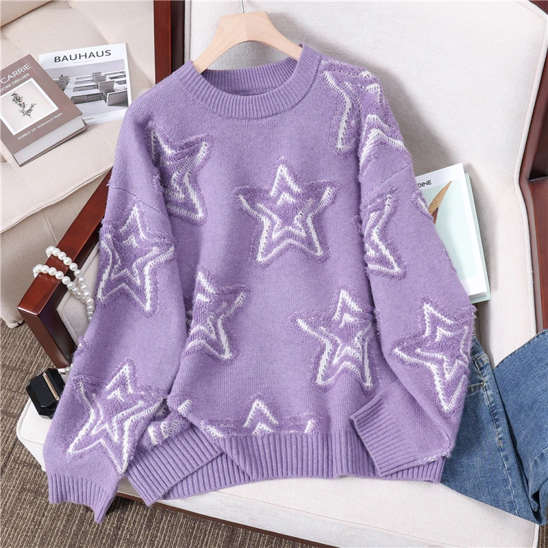 New autumn and winter outerwear fashion loose embroidered star round neck sweater women lazy style thickened knitted top