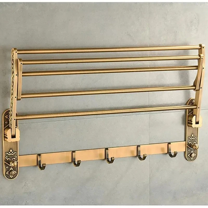 

Foldable Antique Brass Bath Towel Rack Active Bathroom Towel Holder Double Towel Shelf With Hooks Bathroom Accessories