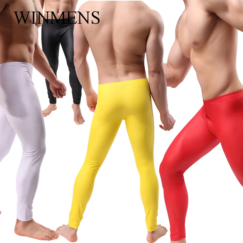 

Adult Men's PU Leather Pants Elastic Low Waist Close Fitting Motorcycle Tights Candy Colors Fitness Sports Trousers Dance Longs