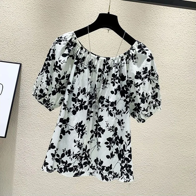 Floral Short Sleeve All-match Blouse Summer New Thin Print Chiffon Temperament Loose Shirt Tops Vintage Elegant Women Clothing