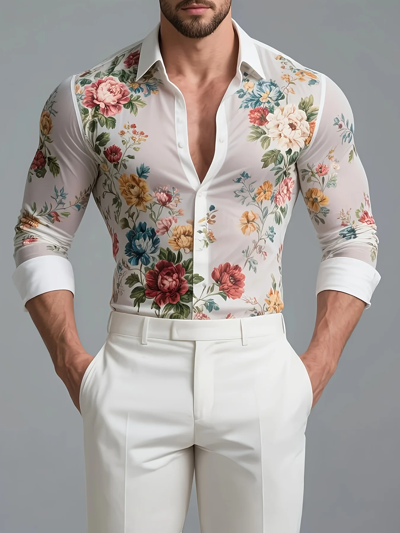 Men Long Sleeve Button Down Shirt Black Sheer Vintage Multicolor Floral Print Polyester Lapel Collar Party