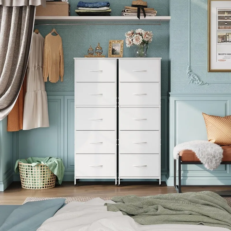 5-Drawer Tall Dresser for Bedroom, Storage Dresser Organizer with Fabric Bins, Wood Top, Sturdy Steel Frame