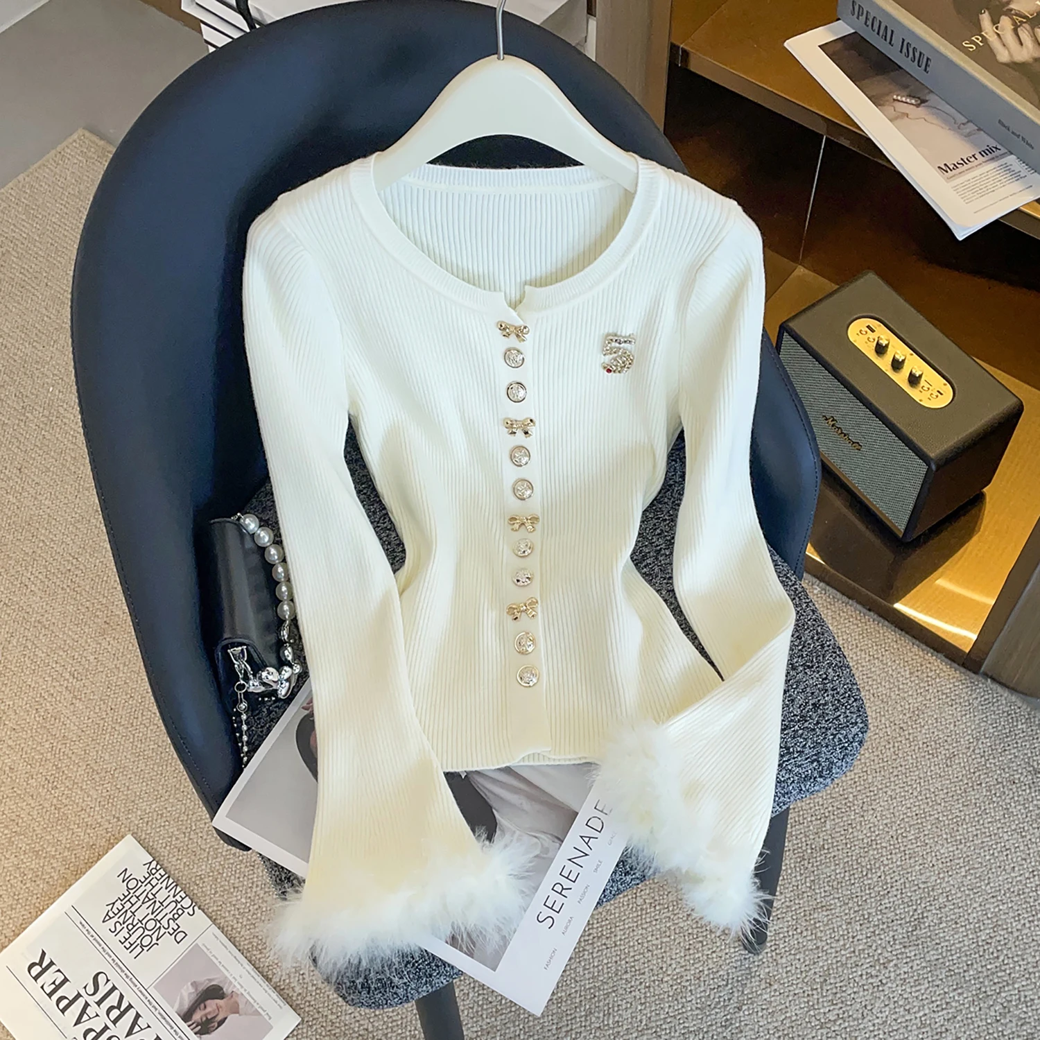 

Роскошный вязаный кардиган с бриллиантовой отделкой и цифровым узором для женщин, осень-зима, новинка Ele Sle