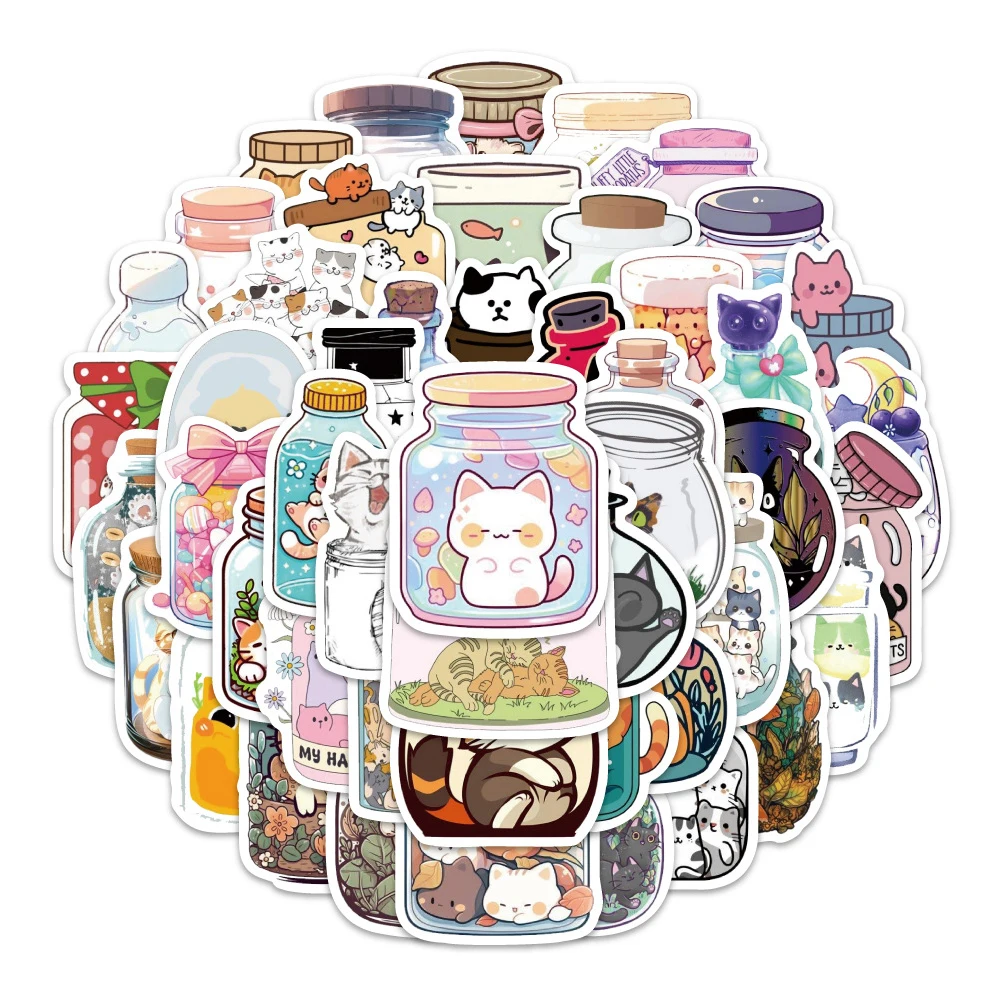 10/30/60pcs Cute Ins Style Cat Bottle World Stickers Kawaii Cartoon Sticker DIY Stationery Phone Case Suitcase Decals Decoration