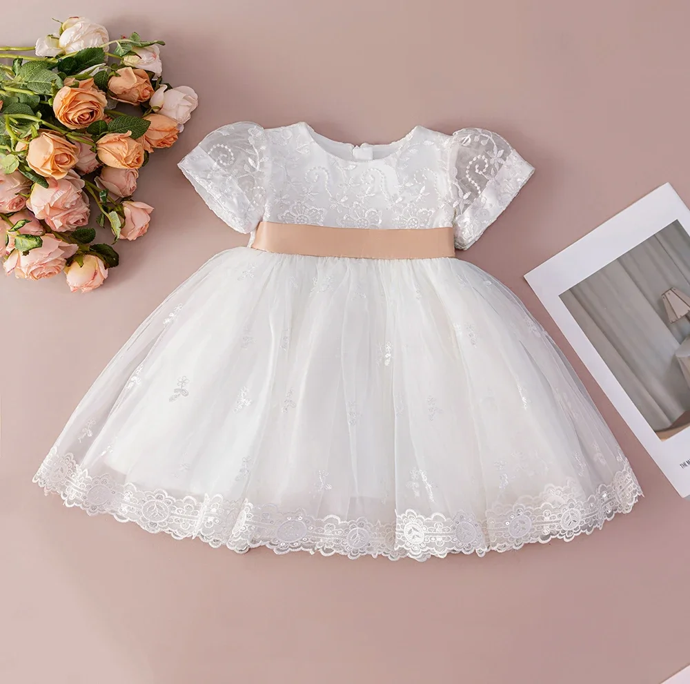 Baby Girls White Lace Christening Gown Short Sleeves And Golden Bow Toddler Infant First Communion Dress with Bonnet