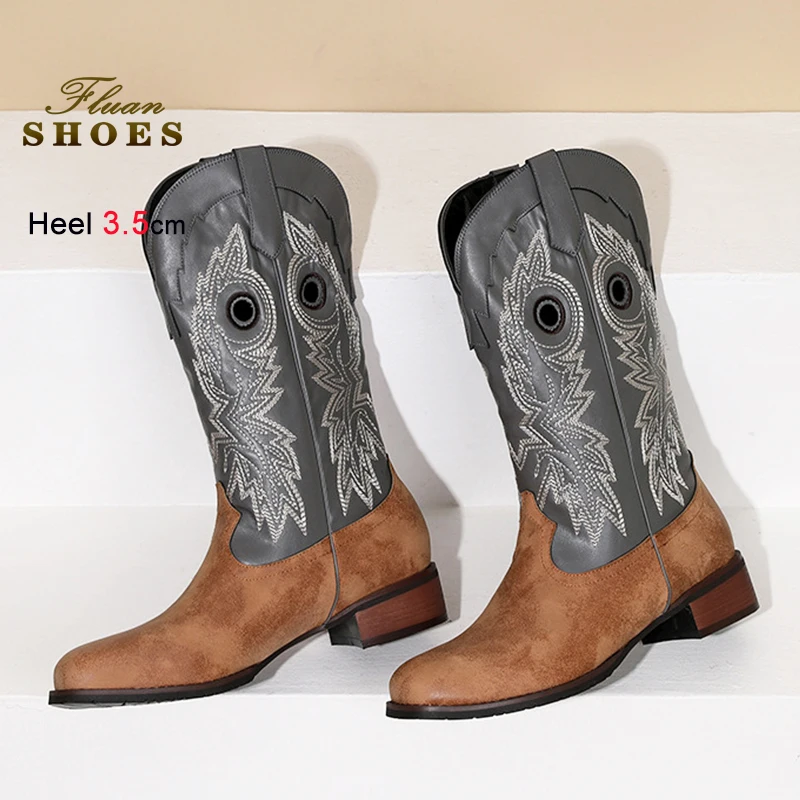 

3.5CM Chunky Heels Spring Autumn Embroidery Knight Boots For Women's Square Toe Mid-calf Boots Patchwork Low Heel Cowboy Shoes