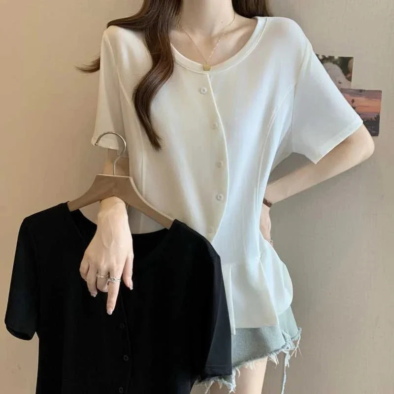 

Plus Size Summer Irregular Pleated T Shirt Loose Short Sleeve Boxy Top Tummy Cover Slimming Casual Chic For Curvy Women