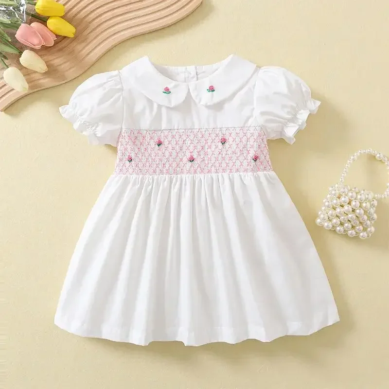 2024 Girls Kids Vintage Smocked White Boutique Design Handmade Embroidery Dresses for Baby Children Outfits Summer Matching