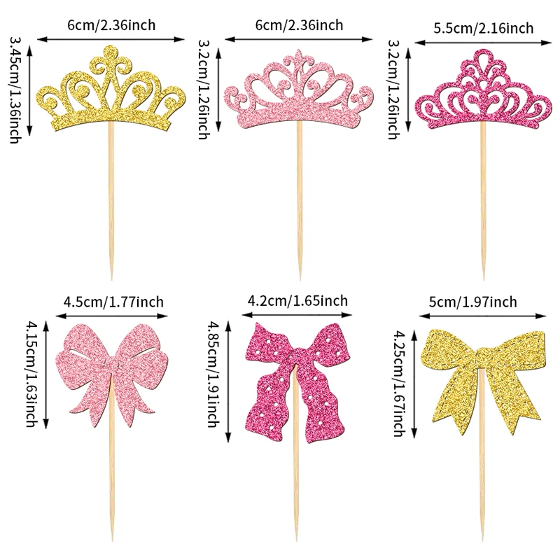 YOMDID 24 Stück elegante Cupcake-Topper, Krone und Schleife, Kuchendekoration, Prinzessin Cupcake-Picks für Geburtstag, Hochzeit, Kuchendekorationen – Detail 4
