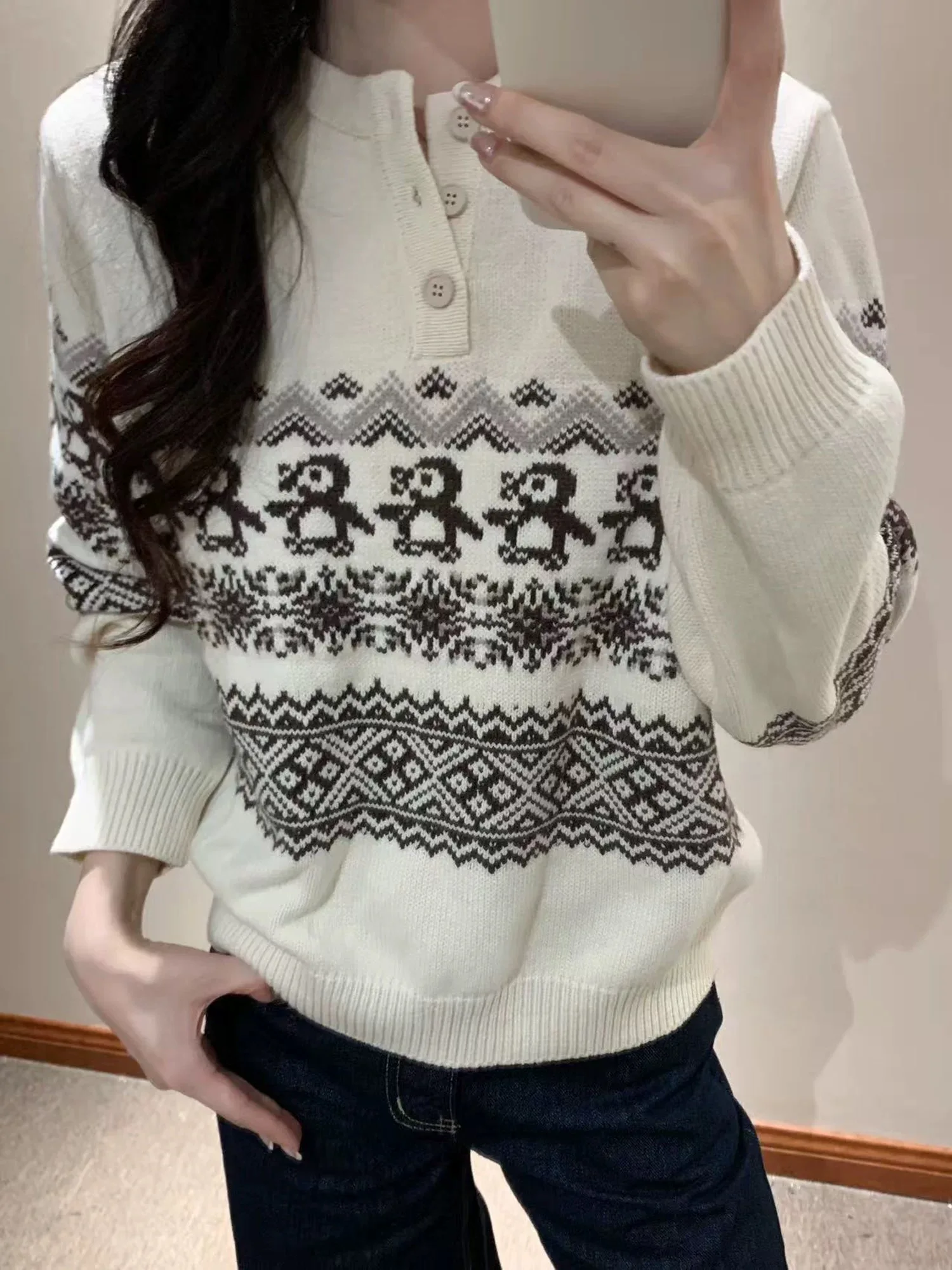 

Cisas Penguin Pattern Knitted Sweater round Ne Casual All-Match Men Women Autumn Winter Vintage Fair Isle Design