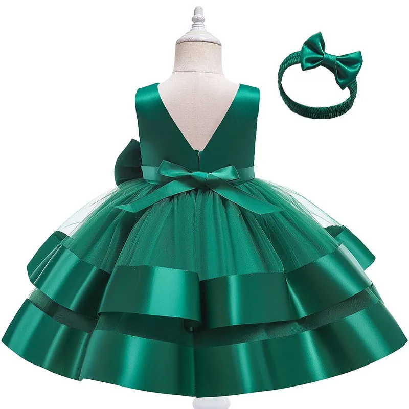 Satin Gauze Big Bow Baby Girls Princess Dress Summer Wedding Ball Christmas Birthday Party Costume Girl Dresses Gift (Headband)