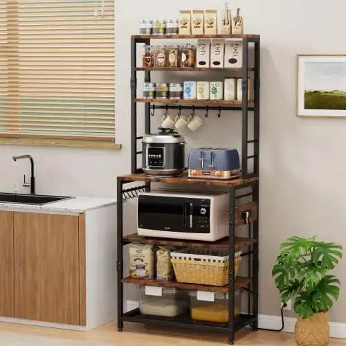 

7-Tier Kitchen Baker\u2019s Rack, Utility Rack with 12 Hooks, Industrial Microwave Stand, Floor Standing Spice Rack Organizer