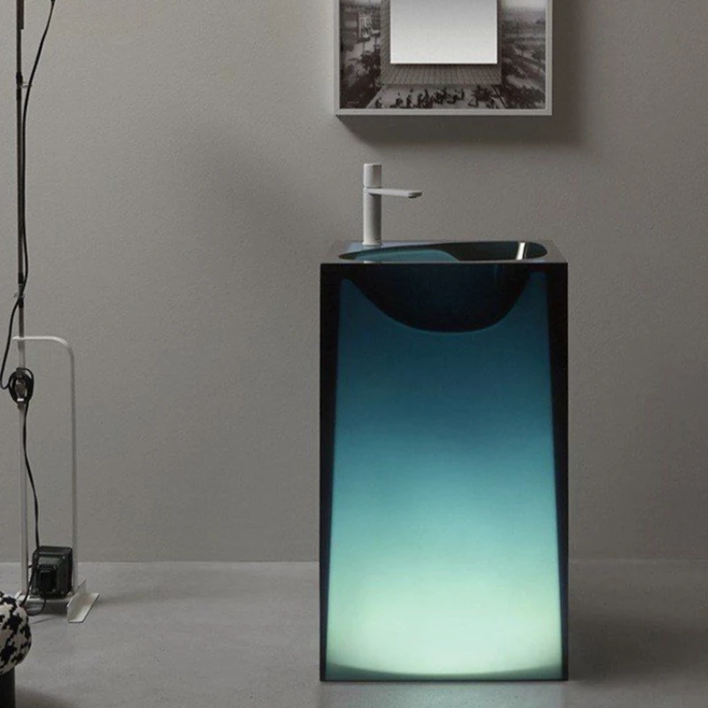 Blue transparent light-emitting one hand washing basin washstand floor bathroom cabinet column basin