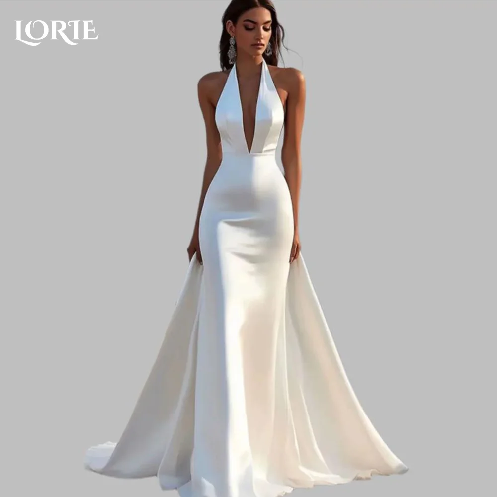 

LORIE Halter Mermaid Wedding Dresses Sexy Pleats Deep V Neck Bride Gown Backless Bride Bridal Dress vestidos de novia Customized