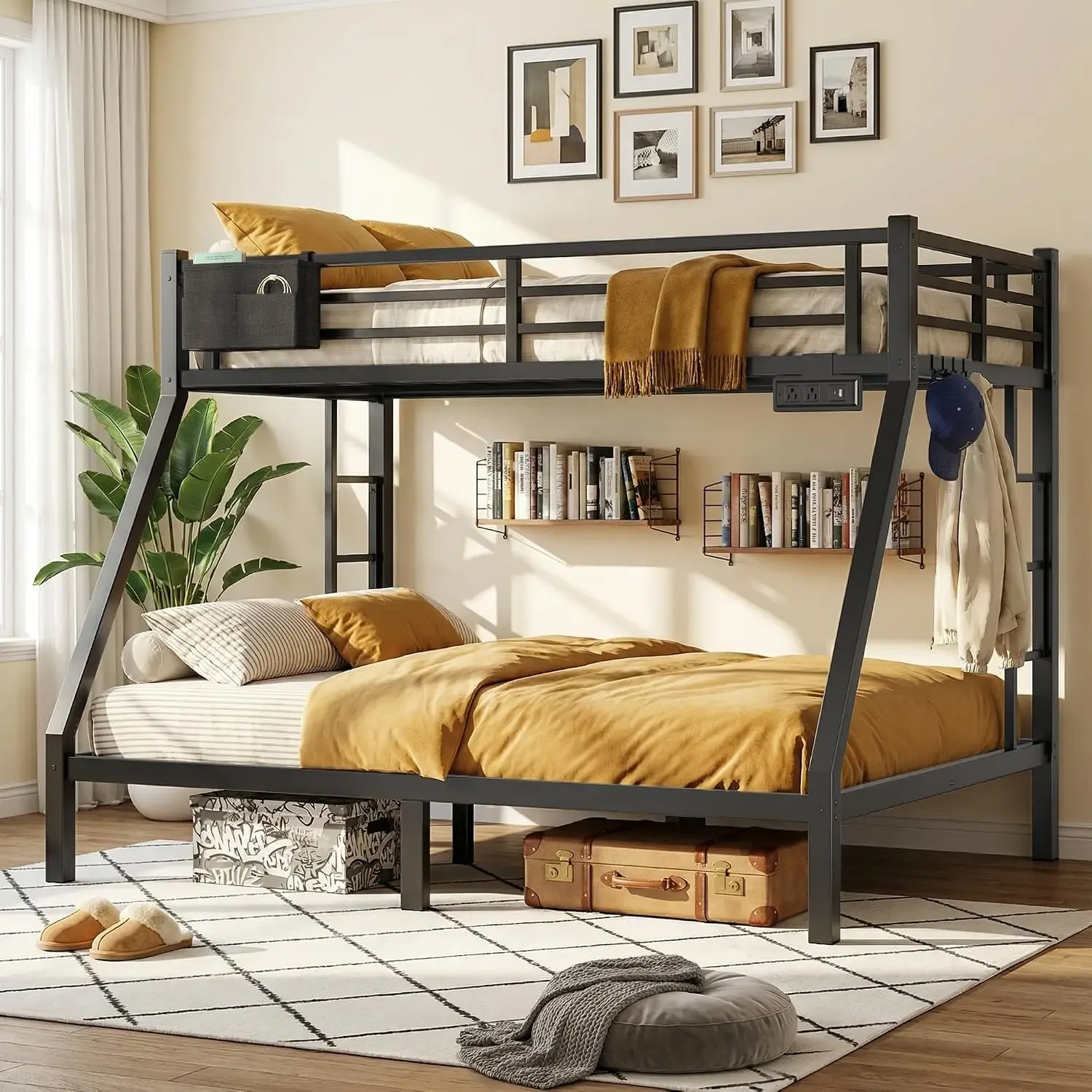 Twin Over Full Bunk Bed, Metal Bunk Bed Frame Heavy Duty Bunk Beds Loft Bed Frame with Ladder and Guardrail Metal Slats No Box