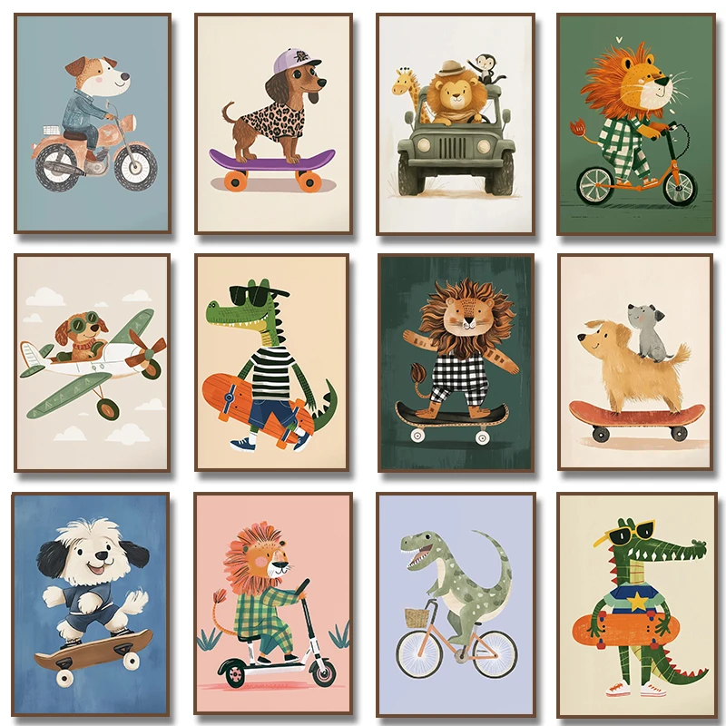 Dog Airplane Lion in Car Animal Skateboard Tiger on Bicycle Poster Print Diamond Painting Print Nursery Wall Art Kids Room Dec