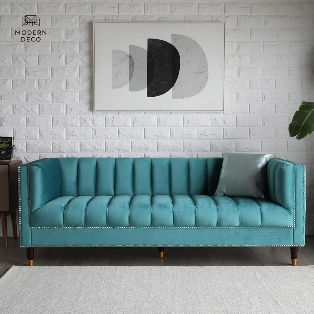 

Soffan Samt Sammet Velvet Sofa Soffa Settee Couch Divan 3 Seater Sits Modern Design Green Channel-tufted Living Room Furniture