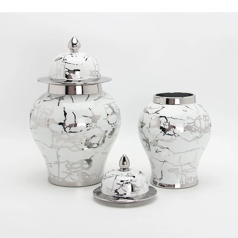 Silver-plated Marble Texture Ceramic General Jar Ginger Jars Storage Cosmetic Containers Artificial Flowers Floral Vase