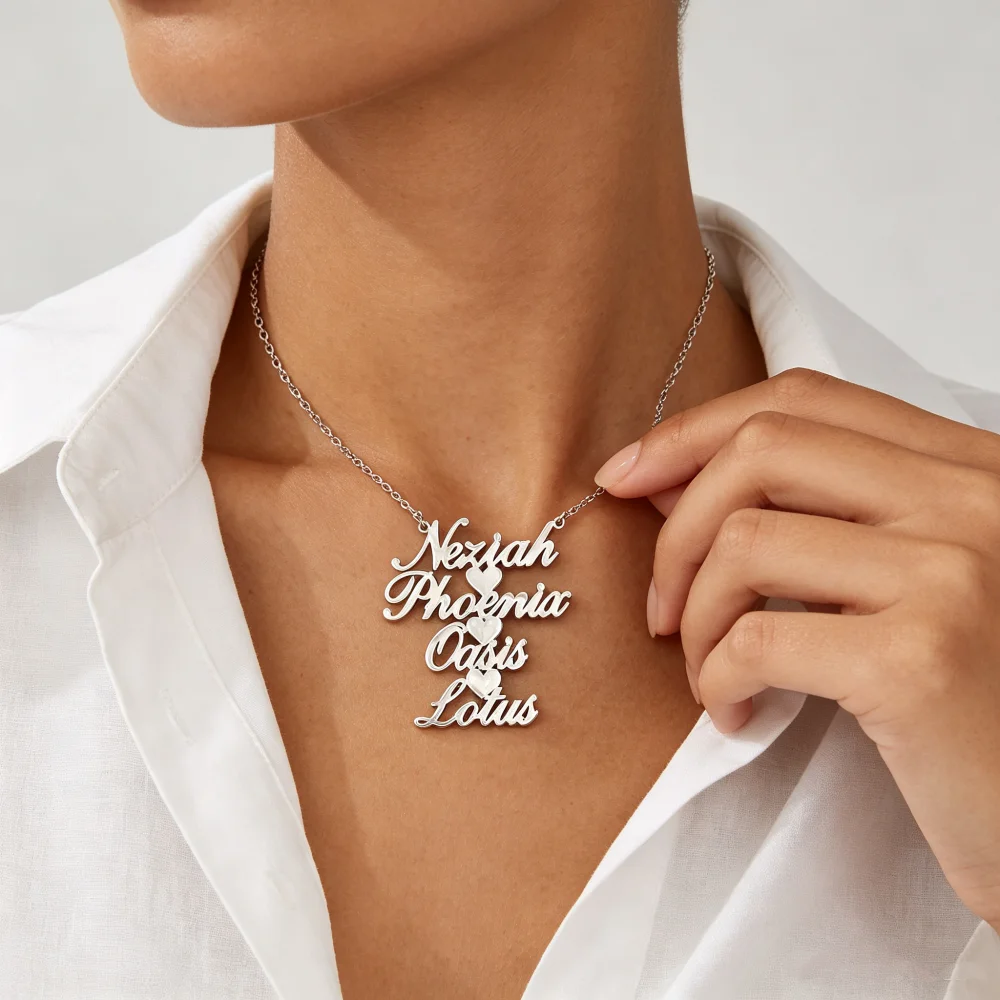 Custom Family Name Hearts Necklace Women Jewelry Stainless Steel Personalized Multiple Nameplates Pendant Necklace Mom Gifts