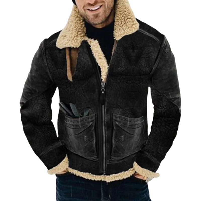 Winter Thick Men's Jacket Warm Faux Leather Warm Coats Fashion Turn Down Collar Contrasting Color Man Suede Fur One-Piece Jacket