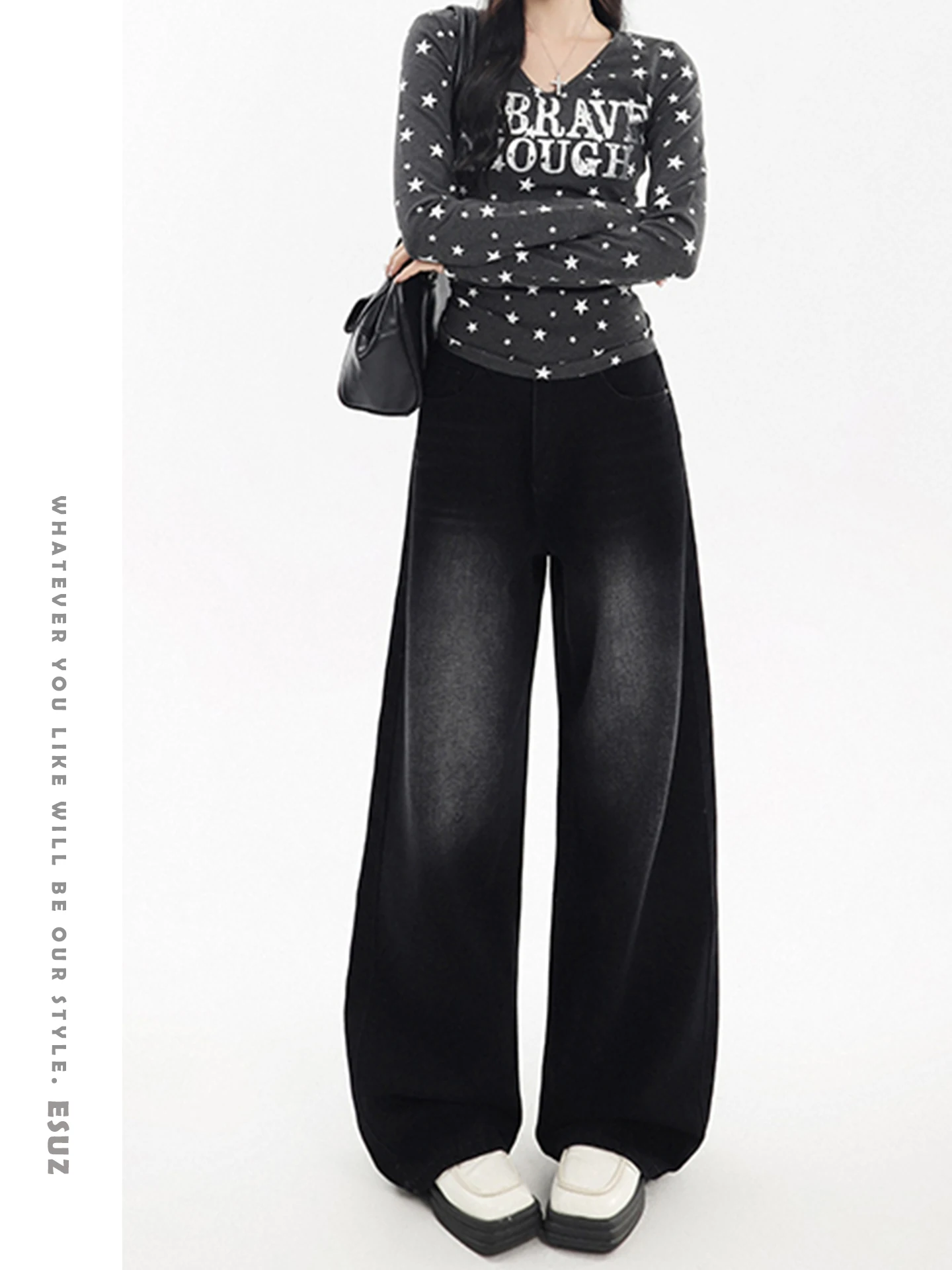 

Offcat High Waist Wide Leg Denim Jeans Women's Black Grey American Style Autumn Winter New Loose Fit Casual High Waist Jeans