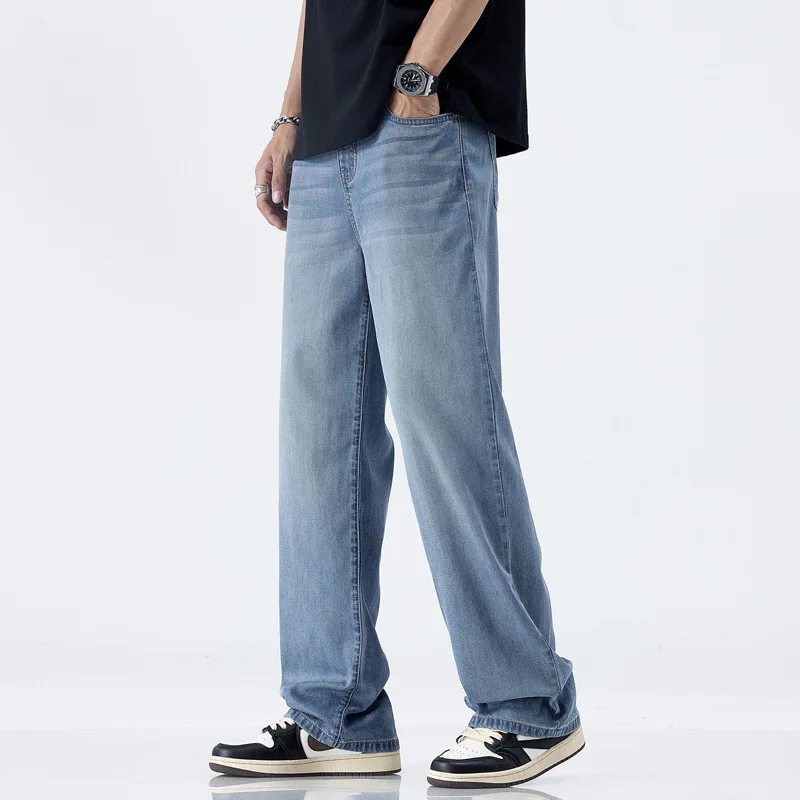 

2025 Spring New Ultra Thin Men's Loose Casual Fashion Versatile Simple Solid Color Straight Tube Wide Leg Cowboy Pants YQ910
