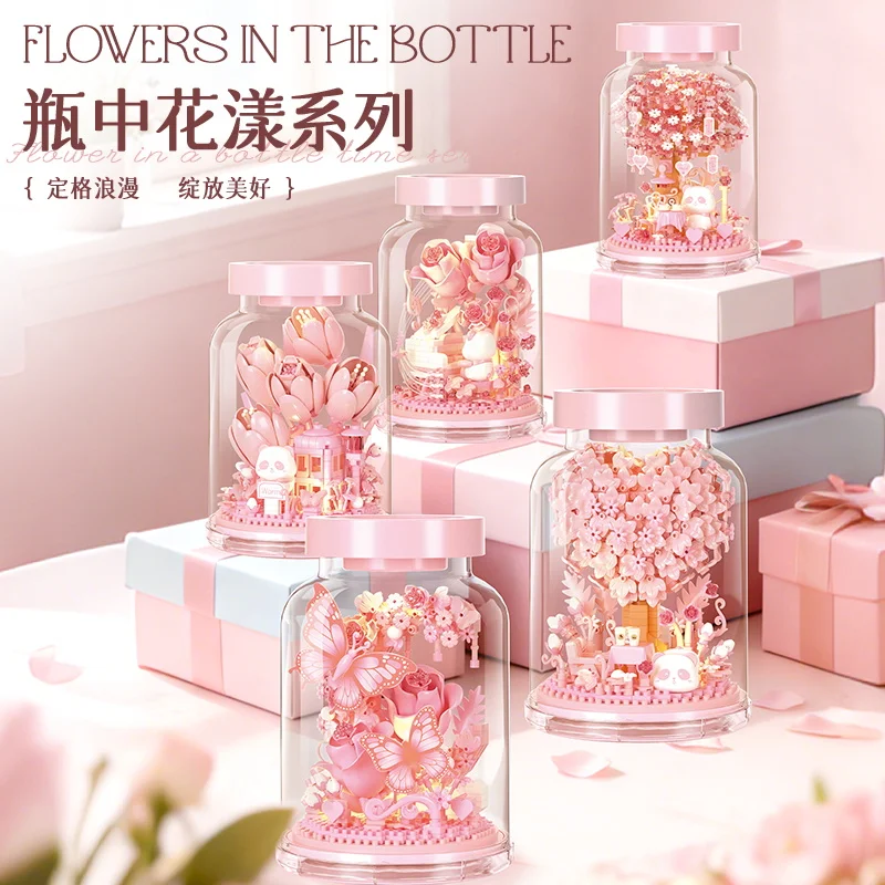 New Design Romantic Lighting Vase Building Blocks Set Flowers Blocks Girls Toys Desktop Ornaments Valentine's Day Gifts