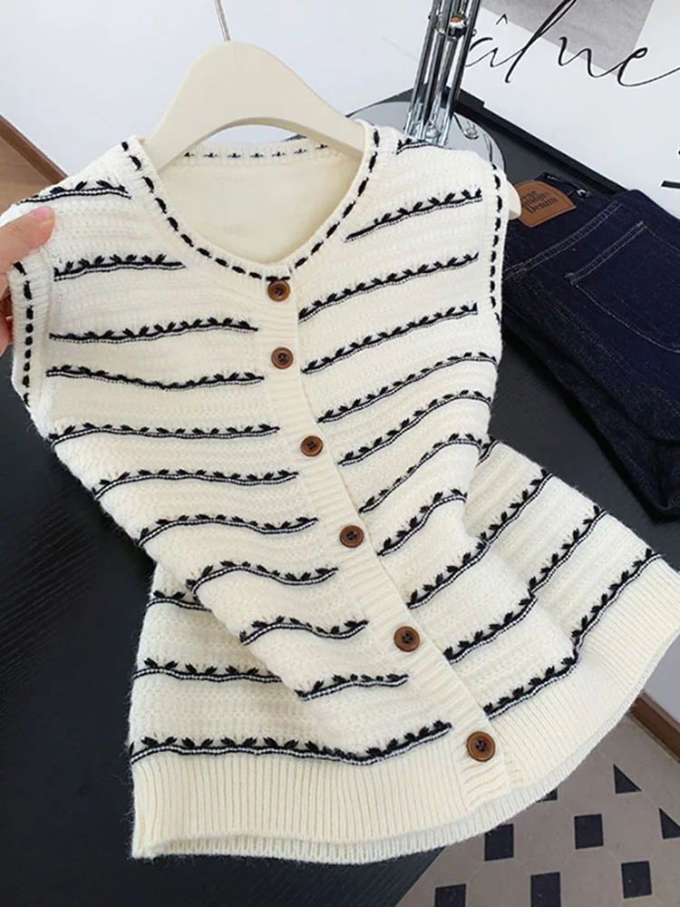 

Женский вязаный кардиган в полоску, осенне-зимний, новый, для многослойного образа, верхняя одежда, жилет, повседневный стиль, для работы и отдыха