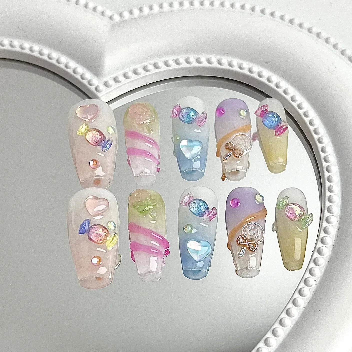 10Pcs Cute Handmade Sweets Press on Nails Ballet French Rhinestone Decoration False Nails Wearable Manicure Fake Nail Tips Art