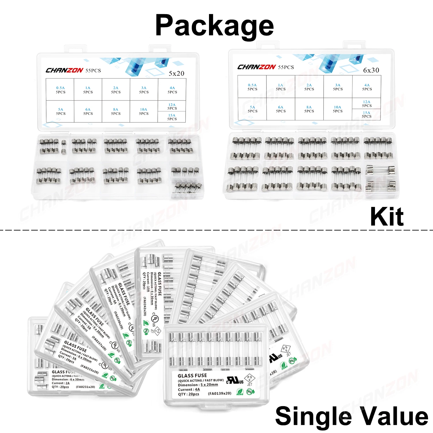 Kit de fusibles de vidrio de tubo de soplado lento rápido, surtido de 3,6x10, 5x20, 6x30, 0,5a, 1A, 2A, 2,5a, 3A, 4A, 5A, 6A, 6,3a, 8A, 10A, 12A,