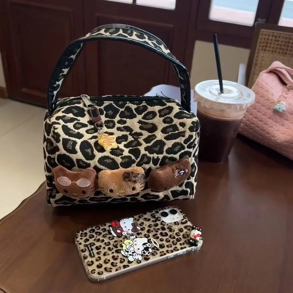 Sanrio Kawaii Hellokitty Leopard Cosmetic Bag Fashion Cartoon Handbag Large Capacity Makeup Case Portable Satchel Backpacks Gift