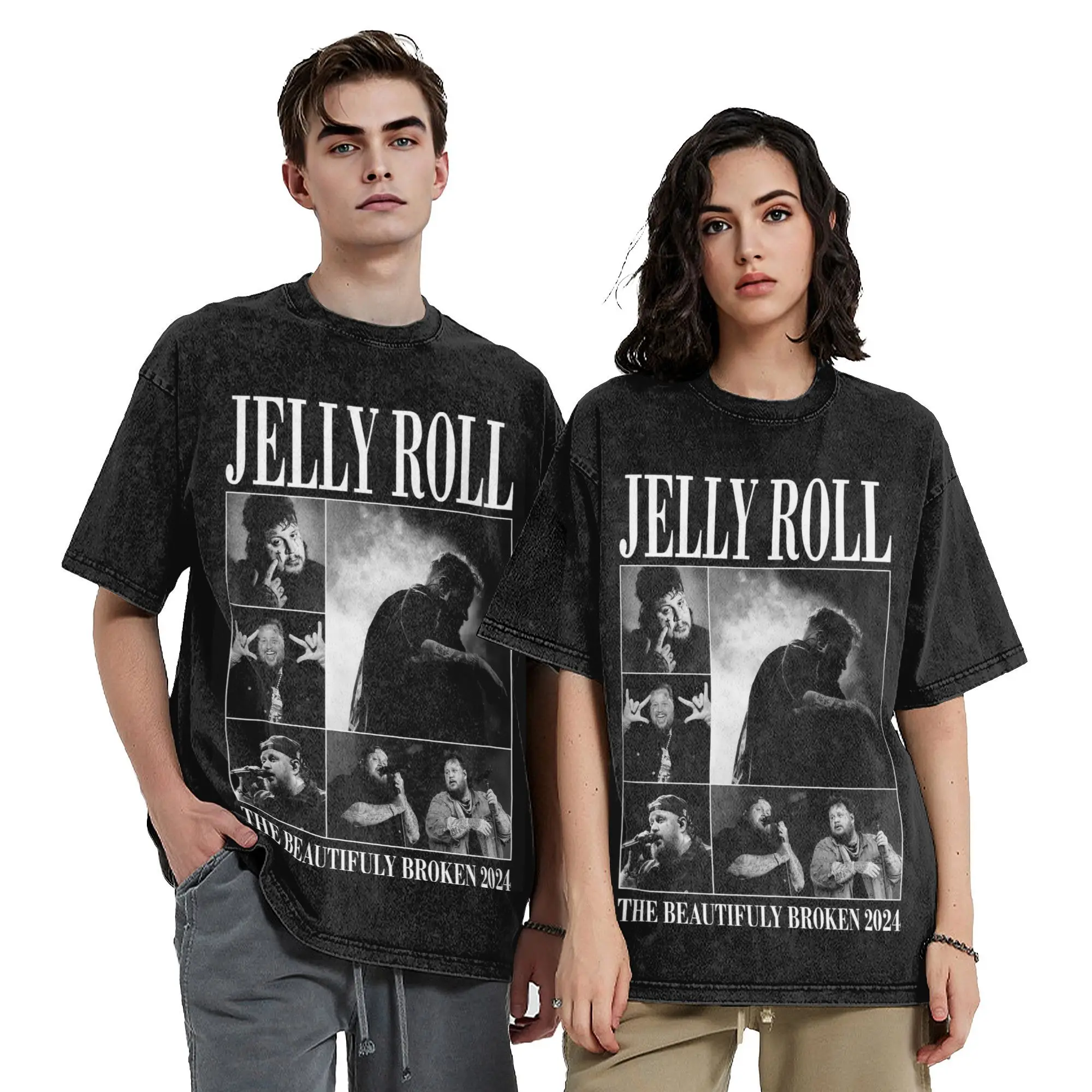 Casual Men Women Jelly Roll The Beautifully Broken Tour 2024 Tee Shirt Oversize Washed Hip Hop T Shirts Outfits