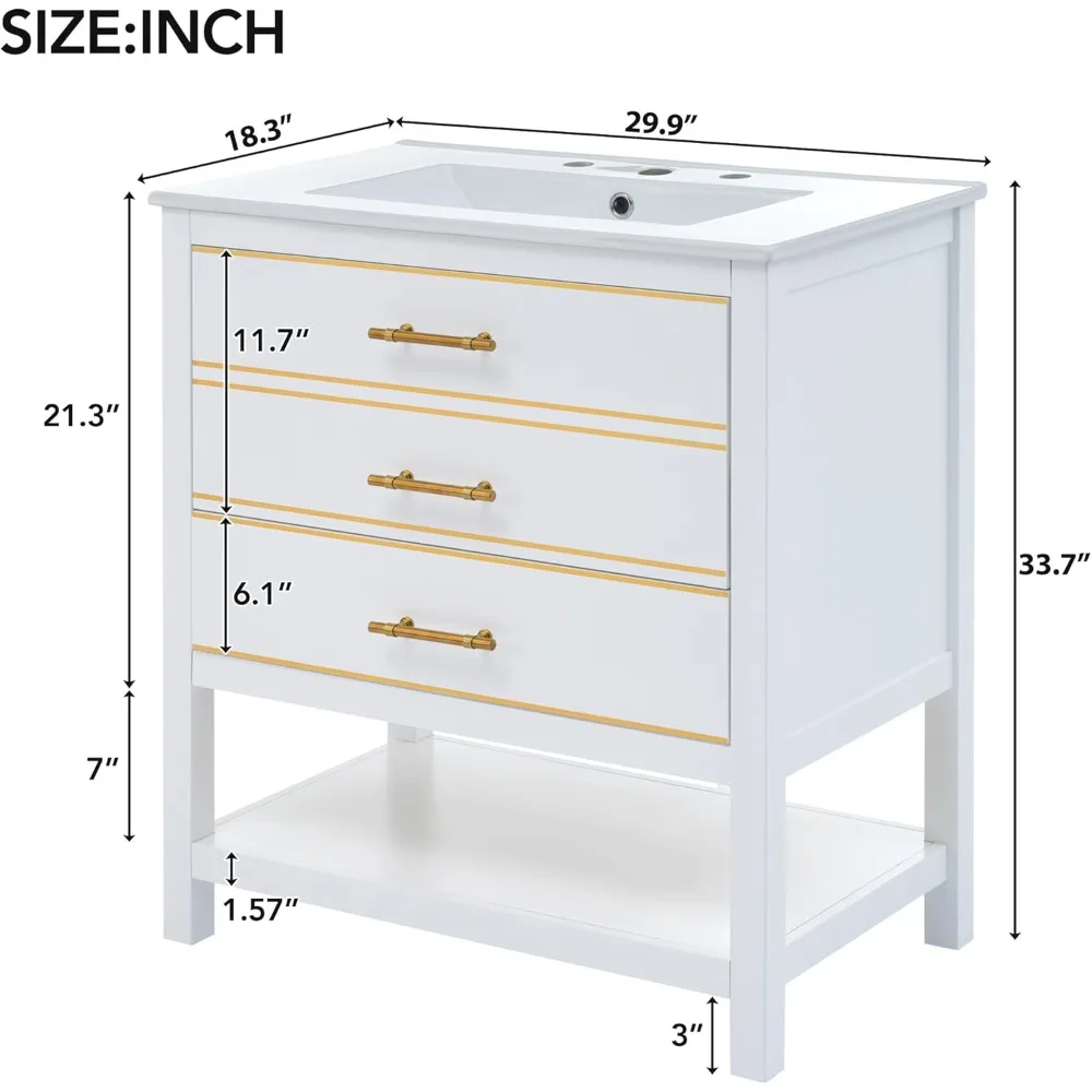 30 in Bathroom Vanity with Sink,2 Large Drawers and Shelf，Wood Single Sink,White Bathroom Vanities Floor Standing